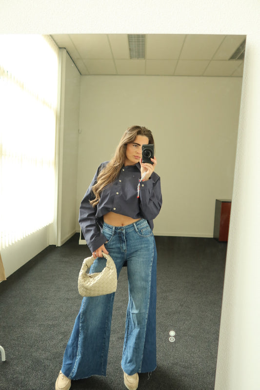 Two piece set, spijkerbroek + donkerblauwe blouse