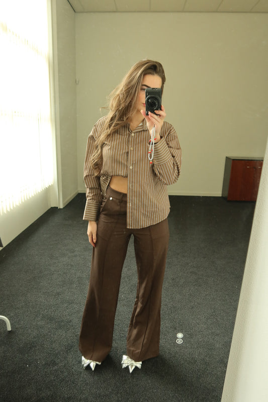 Two piece set, bruine pantalon + bruine streepjes blouse
